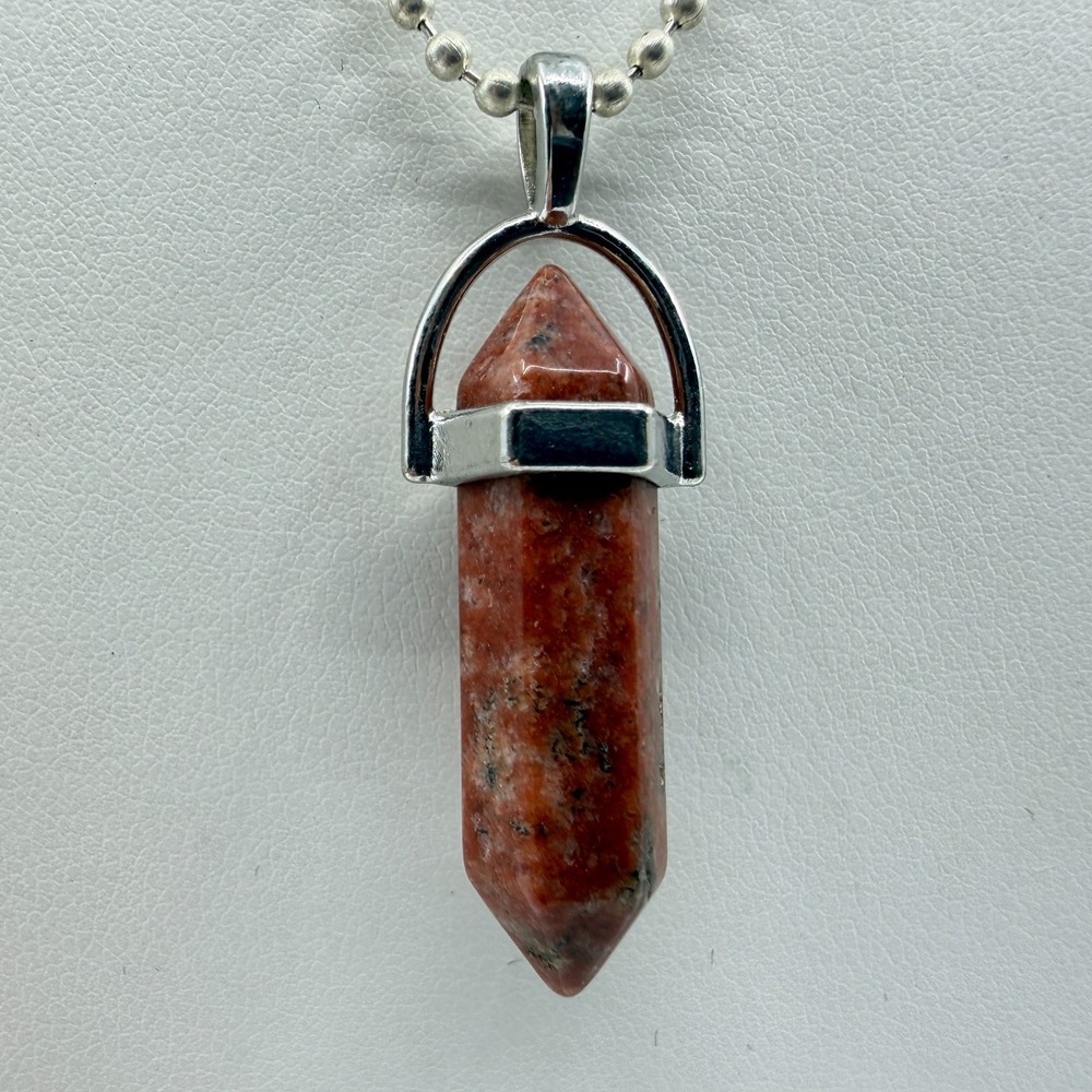 Red Jasper Crystal Point Pendant Necklace Silver Tone Boho Healing Stone Gift